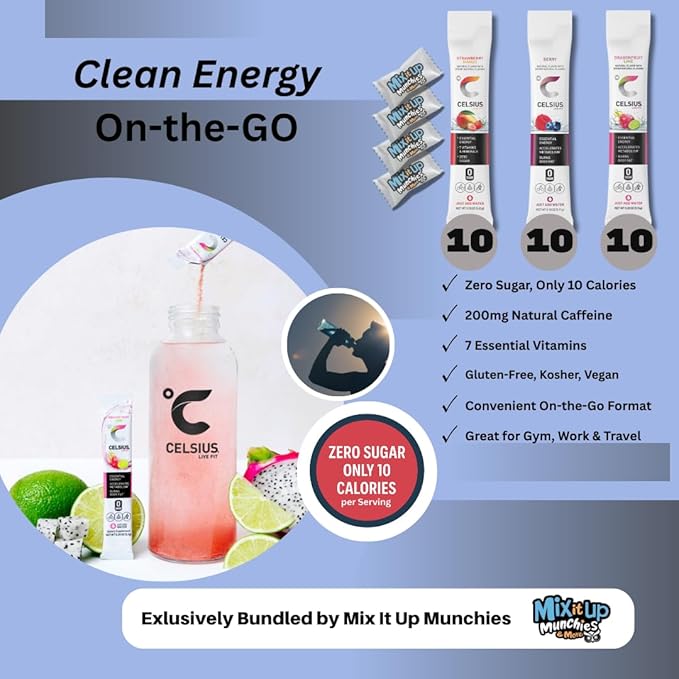 Energy Powder Packets – 3 Top Flavors 30 Energy Drink Packets for On the Go Essential Energy and Hydration | Bundled by Mix It Up Munchies | Healthy Gift Box
