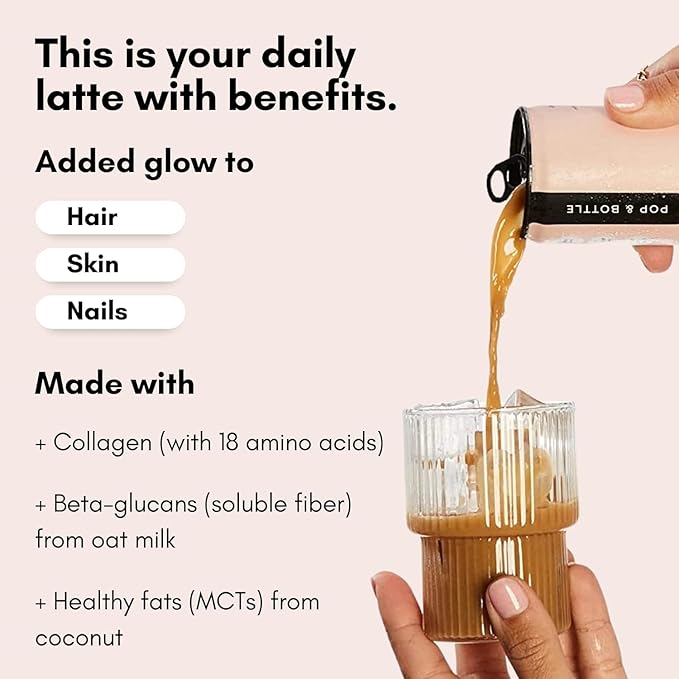 Pop &amp Bottle Vanilla Oat Milk Lattes - Cold Brew Sustainably Sourced Marine Collagen MCT Oil Organic Dairy Free Gluten Free Lightly Sweetened with Dates - 8 Fl Oz (Pack of 8)