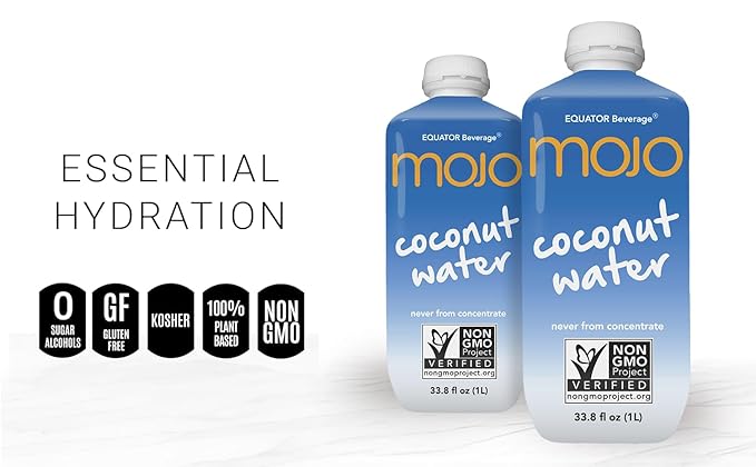 MOJO Coconut Water | Hydration Drink &amp Sports Drink | Electrolytes Beverage 1043 mg | Vitamin B &amp C | Hydration Drink for Skin &amp Body | 33.8 Oz (Pack Of 6)