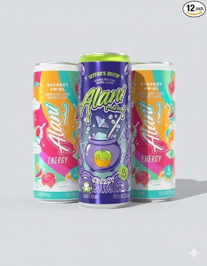 Alani Energy Drinks Assorted Variety Sugar Free Low Calorie Energy Drinks - Pre Workout Performance Zero Sugar 12 Fl Oz Cans ((3 Cans) 12 FL OZ Witch's Brew &amp Sherbet Swirl)