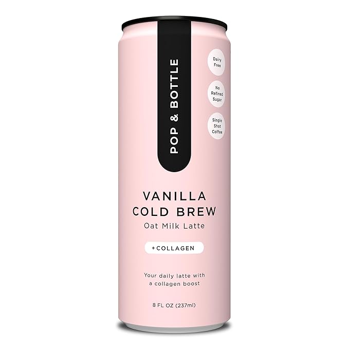 Pop &amp Bottle Vanilla Oat Milk Lattes - Cold Brew Sustainably Sourced Marine Collagen MCT Oil Organic Dairy Free Gluten Free Lightly Sweetened with Dates - 8 Fl Oz (Pack of 8)