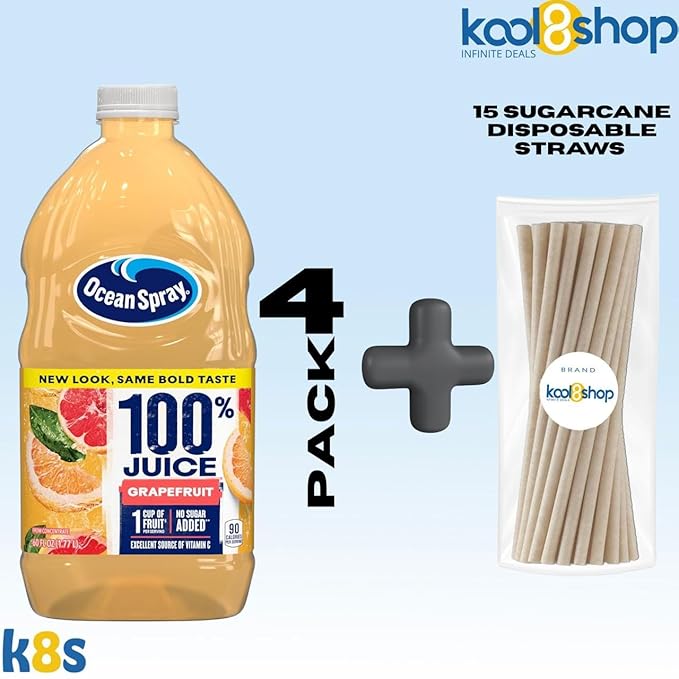 Ocean Spray 100% Grapefruit Fruit Juice No Added Sugar 60 fl oz 4 Pack + 15 Sugarcane Disposable Straws by KOOL8SHOP Infinite Deals