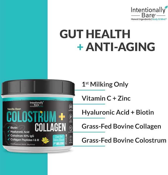 Intentionally Bare Colostrum and Collagen Powder - Bovine Colostrum Powder for Gut Health Immunity Hair Skin &amp Nails - Vanilla Bean Collagen Supplement with Biotin &amp Hyaluronic Acid - 60 Se