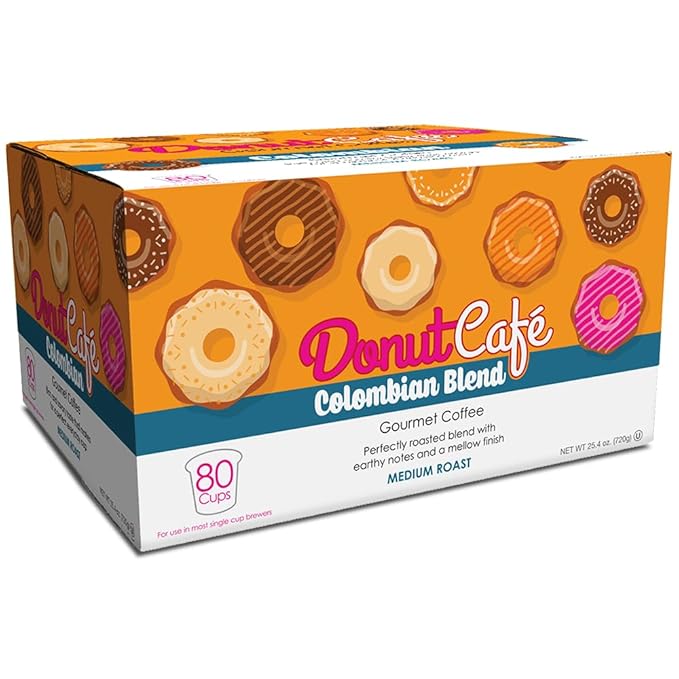 Donut Café - Coffee Gourmet Pods Colombian Blend Medium Roast – Non-GMO Gluten Free – Compatible with Keurig K Cup Brewers – Smooth &amp Delicious – 80 Count