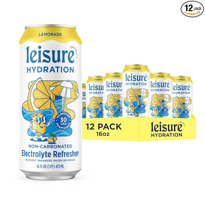 Leisure Hydration Non-Carbonated Electrolyte Refresher Lemonade Flavor - Low Sugar Nutrient Enhanced Water Beverage - Get The Best Hydration Packed w/ Magnesium &amp Ashwagandha For Mood &amp Stres