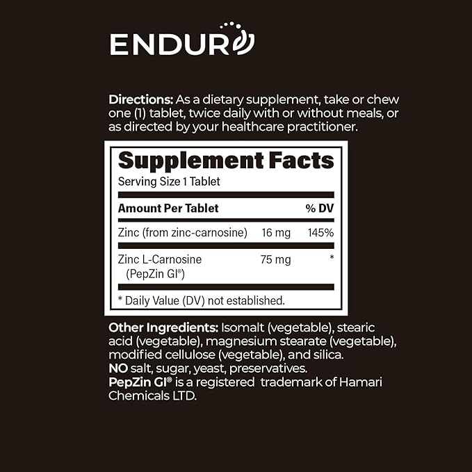 Endur PepZinGI ZINC-CARNOSINE Chewables Digestive Supplement Gentle &amp Effective Formula for Digestive Wellness Gluten Free 75mg (60 Tablets)