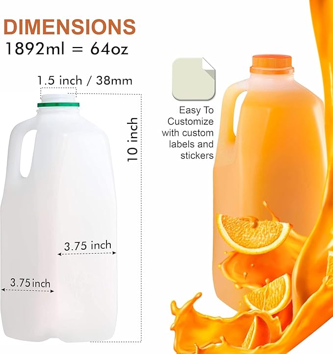 64 Oz Empty Juice Bottles (Pack Of 12 x 64 Oz Ea) With Orange Tamper Evident Screw Caps – Great for Homemade Juices Milk Smoothies Tea and Other Beverages - Food Grade BPA Free