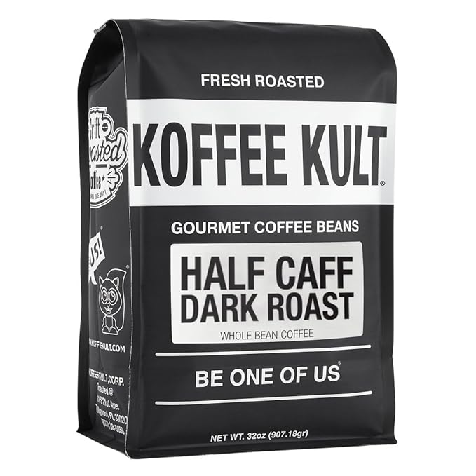 Koffee Kult Half Caff Coffee Whole Bean Dark Roast Half Caffeine Decaf Low Acid Naturally Decaffeinated (Whole Bean 32oz)