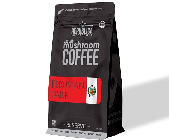 La Republica Peruvian Dark Reserve Coffee Ground for Espresso Maker (Lion's Mane Reishi Chaga Dark Roast 60 Servings)