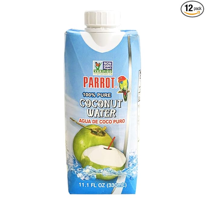 Parrot 100% Pure coconut water 11.10 fl oz 100% Juice Refreshing Coconut Taste Natural Essential Plant Based Non-GMO Electrolytes Antioxidant Low Calorie Hydrating(Pack of 12)