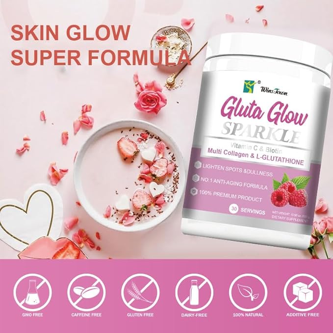 Multi Collagen&ampL-Glutathione Powder–Hydrolyzed Peptides with Vitamin C&ampBiotin–Supports Skin Brightness Hydration&ampNatural Glow–30 Servings
