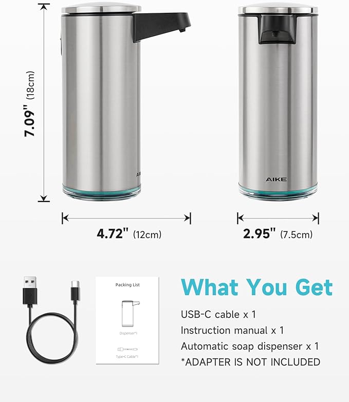 AIKE SensePro Automatic Soap Dispenser Type-C Rechargeable Brushed Stainless Steel Finish 12.8 fl.oz. for Liquid Soap