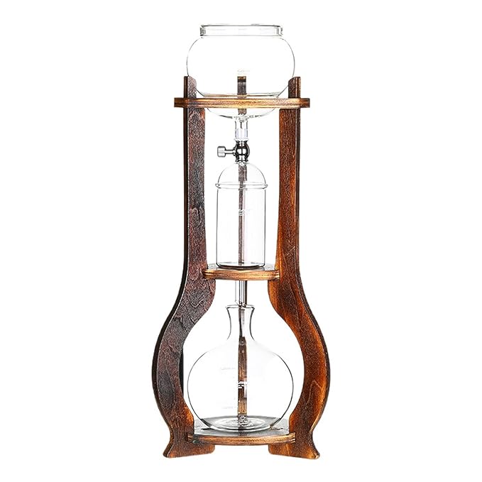 Cold Brew Coffee Maker Iced Coffee Cold Brew Drip Tower Coffee Maker with Adjustable Valve Borosilicate Glass Wood Tower for Making Delicious Cold Extracted Coffee At Home In Shops Cafes and Offices