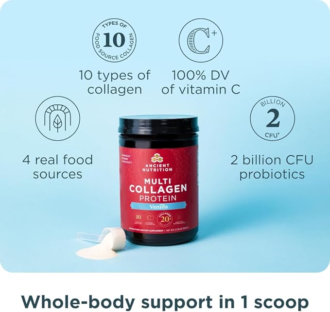 Ancient Nutrition Collagen Peptides Powder Multi Collagen Protein Women &amp Men Vitamin C Probiotics Hydrolyzed Collagen Supports Skin Joints Gut Health Vanilla 24 Servings