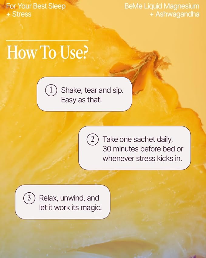 BeMe Magnesium Drink for Sleep - Melatonin-Free Magnesium for Sleep with Ashwagandha L-Theanine &amp GABA - Fast-Absorbing Calm Pineapple - 15 Sachets