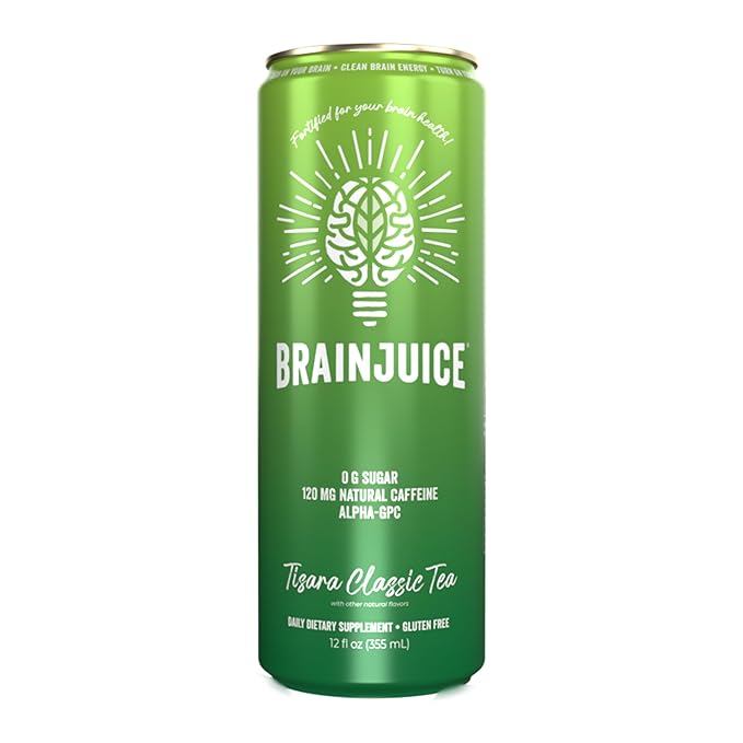 BrainJuice Brain Health Support Drink for Energy &amp Focus Vitamin C B5 B6 &amp B12 L Theanine Alpha GPC &amp Natural Caffeine from Green Tea Vegan Gluten Free Tisara Classic Tea 12 Oz Ca