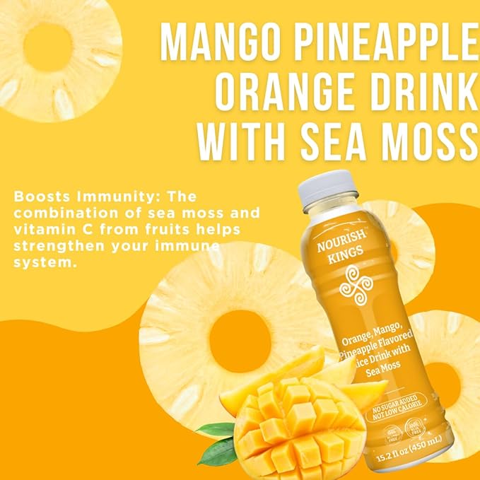 Nourish Kings- Sea Moss drink with Mango Pineapple and Orange Juice No Added Sugars or Preservatives 12 pack of 15.2 Fl oz Bottles