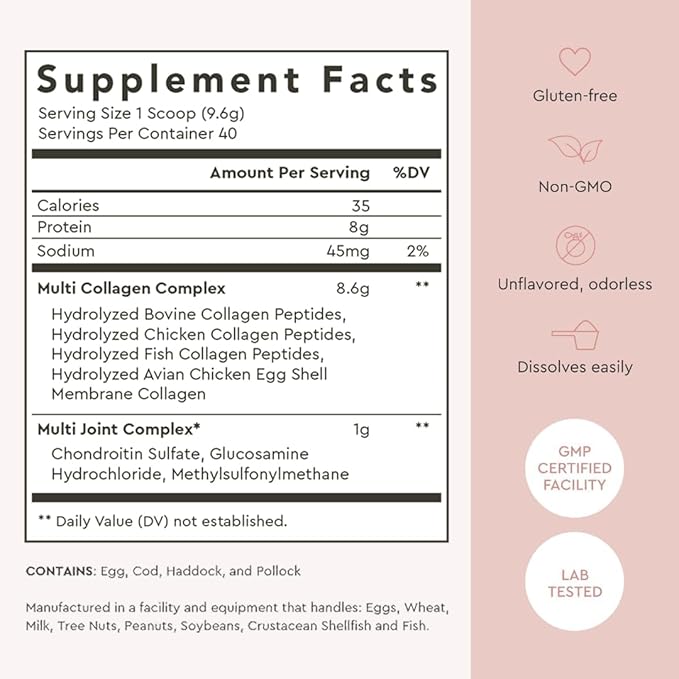 Alaya Multi Collagen Powder - Type I II III V X Hydrolyzed Collagen Peptides Protein Powder Supplement with MSM + GC (Unflavored) (40 Servings)