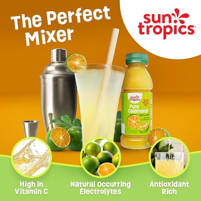 Sun Tropics Pure Calamansi 100% Juice - 4 Pack 10 Oz Each | 100% Pure Not From Concentrate | Refreshing Citrus Juice for Drinks Cocktails Cooking &amp More | No Sugar No Preservatives