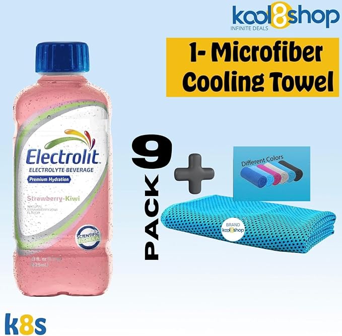 Electrolit Strawberry Kiwi Hydration Drink With Electrolytes 21 fl oz Plastic Bottles 9 Pack + 1 Microfiber Cooling Towel by KOOL8SHOP Infinite Deals