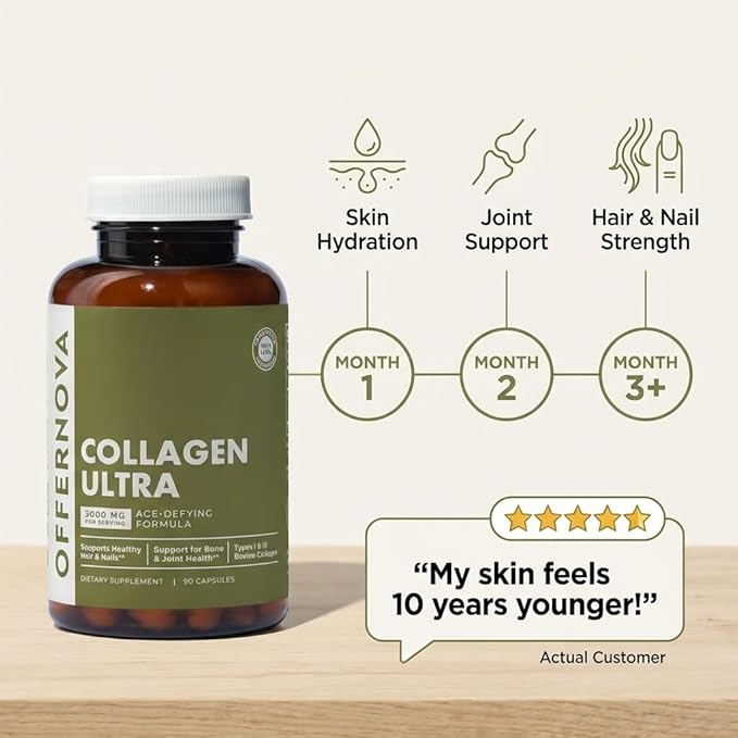 Offernova Collagen Ultra Hydrolyzed Collagen Supplements - 3000mg Anti Aging Bovine Collagen Peptides for Healthy Joints Bones Hair and Skin. Pastilla de Colageno Hidrolizado 90 Capsules