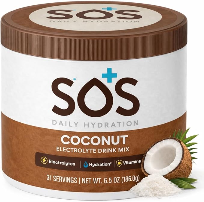 SOS Hydration Electrolyte Powder Drink Mix – Coconut 31 Servings | Low Sugar Electrolytes 15 Cal | Keto Hydration Powder for Rapid Rehydration