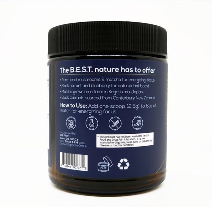 One Farm Energizing Focus Powder Blend - with USDA Organic Blackcurrant Matcha Lions Mane Cordyceps Rhodiola and More in a Resealable Glass Jar. 45 Servings - Tart Berry Flavor