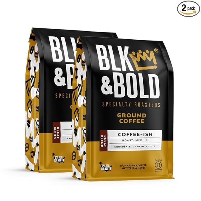 BLK &amp Bold Ground Coffee Coffee-ish Decaf Medium Roast 100% Arabica Coffee Beans Chocolate Graham Fruit Notes Fresh Roasted Decaf Coffee for Drip French Press Cold Brew &amp Espresso 12 oz