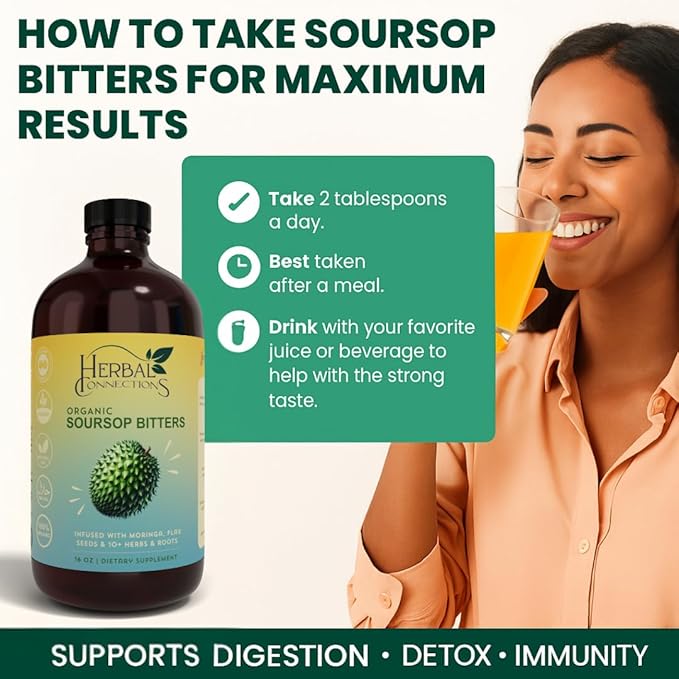 Organic Soursop Bitters Liquid with Moringa and Aloe Vera - Infused with 10+ Herbs - 16 Ounces Vegan Blend