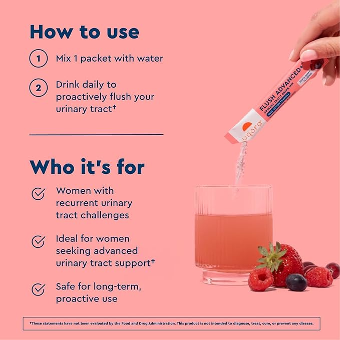 Uqora Flush Advanced+ - Helps Reduce Risk of Recurrent UTI** - with Cranberry D-Mannose Vitamin C Vitamin B6 &amp Potassium - Gluten-Free &amp Vegan - Triple Berry Flavor - 30 Packets (3 Pack)