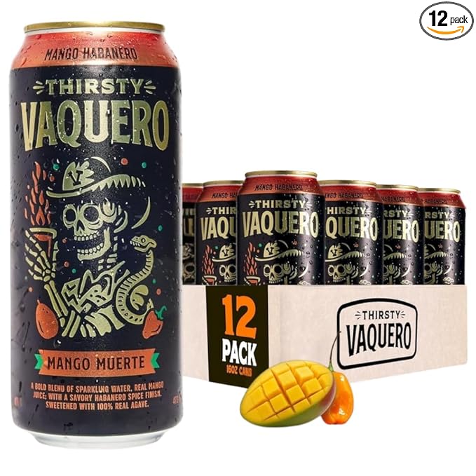 Thirsty Vaquero Mango Habanero Flavored soda (Mango Muerte) Mexican-inspired soda Real Fruit Juice &amp Savory Spices Made with Organic Agave Low Calorie Natural Juice 16 oz Cans 12-Pack