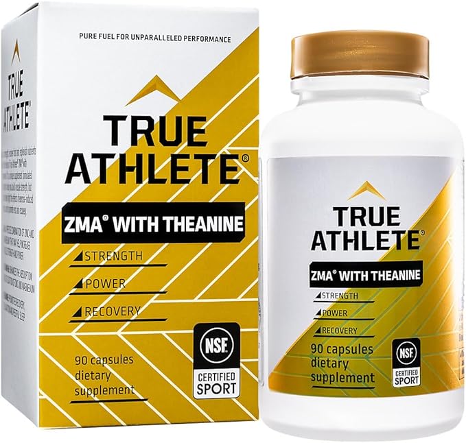True Athlete ZMA + L Theanine Capsules Zinc Magnesium and Vitamin B6 Supplement for Active Men and Women Supports Recovery and Relaxation Gluten Free Sugar Free 90 Capsules