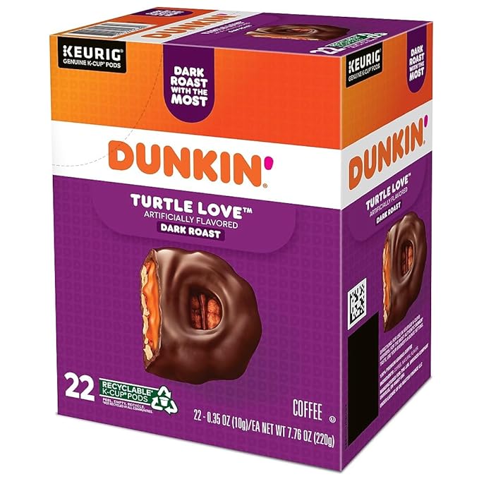 Dunkin' Turtle Love Dark Roast K-Cup Pods 22 Count Caramel Pecan Chocolate Flavor Caffeinated Kosher