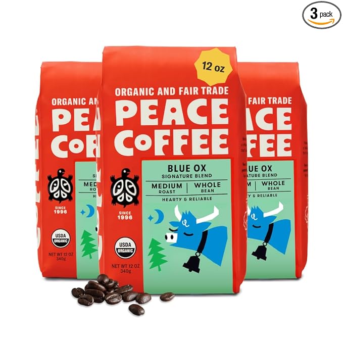 Peace Coffee Blue Ox Blend Medium Roast Whole Bean Coffee 12 oz Pack of 3 Organic Fair Trade Creamy Mild Flavor Shade Grown Fresh Roasted
