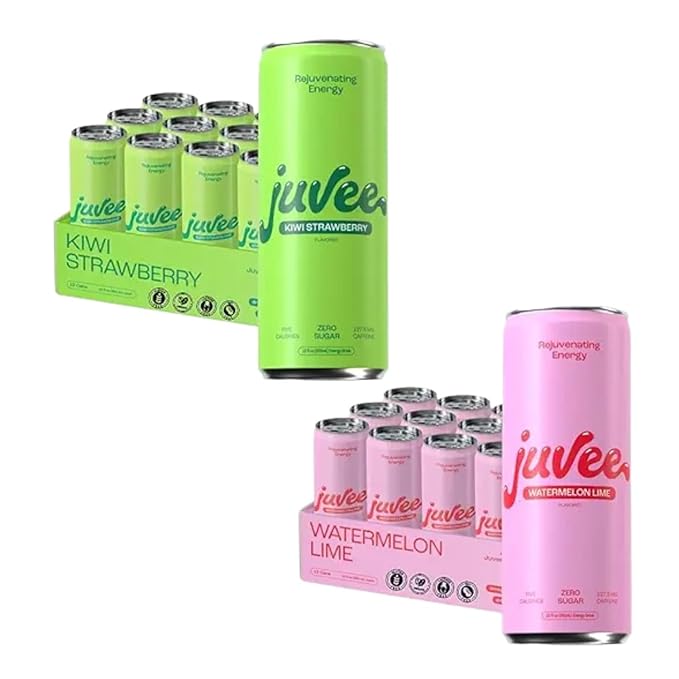 Kiwi Strawberry &amp Watermelon Lime Juvee Rejuvenating Energy Drink – 12 oz Cans Pack of 24 – Sugar Free 128mg Natural Caffeine per Can Low Calorie Clean Energy &amp Focus Support Zero Sugar