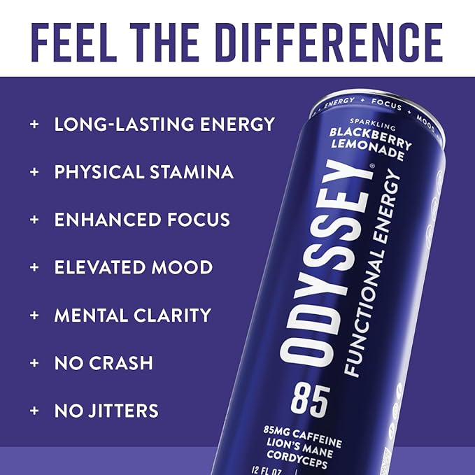 Odyssey Functional Energy Drink for Focus Cognition &amp Mood Support 12 Pack - Adaptogenic Drink with 85mg Green Tea Caffeine Lions Mane Cordyceps L-Theanine &amp Ginseng Sparkling Blackberry
