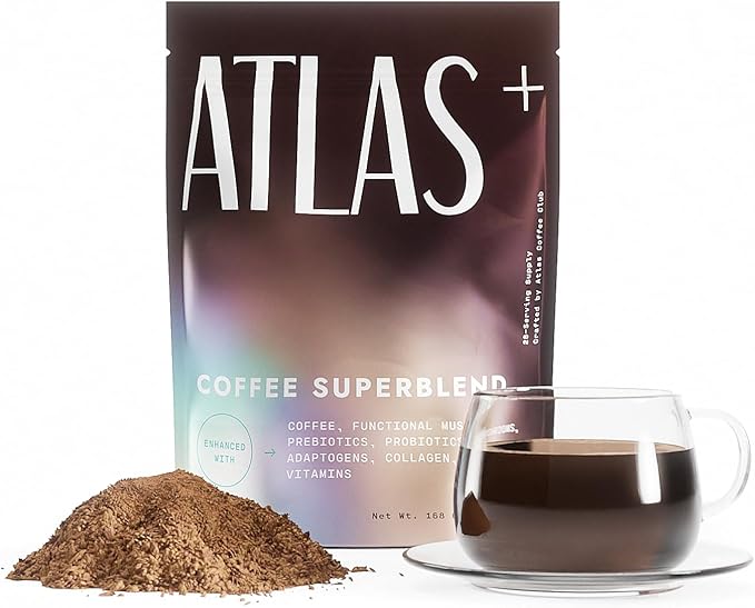 Atlas+ Mushroom Coffee Superblend– Premium Coffee with Collagen Probiotics D3 &amp B12 Lion’s Mane Reishi Cordyceps– for Energy Focus Immunity &amp Gut Health– 28 Servings (1 Bag)