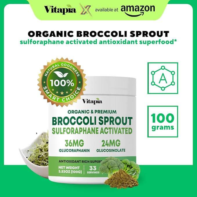 Vitapia Organic Broccoli Sprout Powder for Sulforaphane Antioxidant Brain Skin Heart Health Support - 100g Powder Supplement &amp 33 Day Supply - Non-GMO Gluten-Free Vegan-Friendly