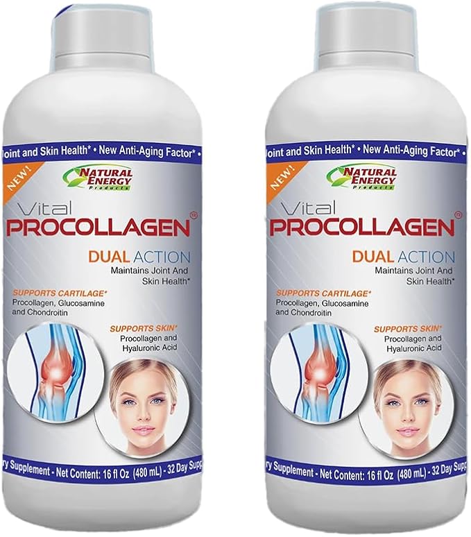 Natural Energy Vital Procollagen Dual Action Liquid Supplement Joint and Skin Health Support with Glucosamine Chondroitin Hyaluronic Acid 16 fl oz 2 Pack