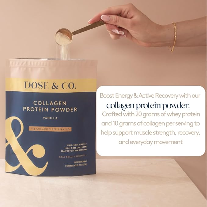DOSE &amp CO. Collagen Protein Powder Vanilla 14.8 Oz | Hydrolyzed Type I &amp III Bovine Collagen with 20g Protein per Serving - Supports Muscle Recovery Hair Skin &amp Nails | Non-GMO &amp G