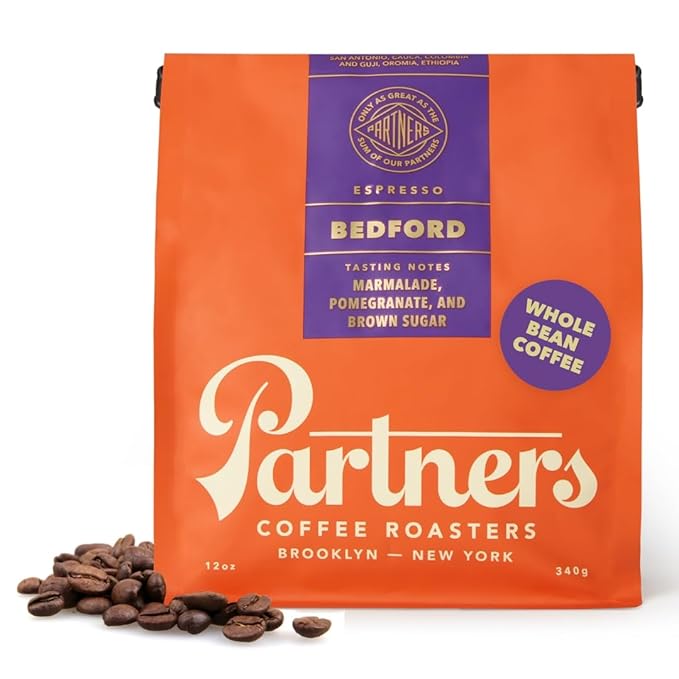 PARTNERS COFFEE ROASTERS - Whole Bean Coffee (Bedford - Espresso Medium Roast) 12oz - Fruity Complex Espresso - Whole Coffee Beans - Lab Tested for Mycotoxins &amp Heavy Metals - Hand Roasted in N