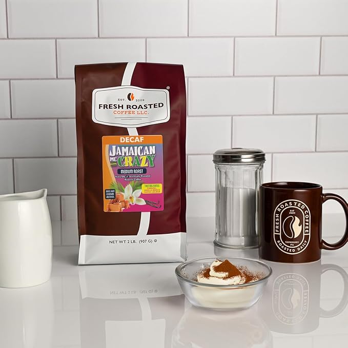 Fresh Roasted Coffee Decaf Jamaican Me Crazy Flavored Coffee 2 lb (32 oz) Medium Roast Kosher Ground