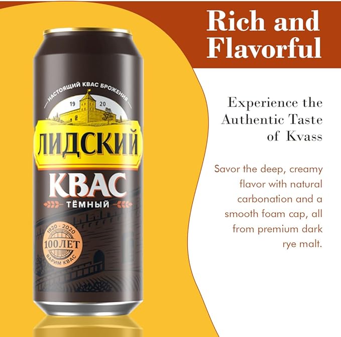 Authentic Eastern European Fermented Kvass LIDSKI Dark Drink - Soft Drink Made with Rye Flour Rye &amp Barley Malt – Non Alcohol Russian Soda - 6-Pack of Kvass Drink Can15.20 fl. oz (0.45L)