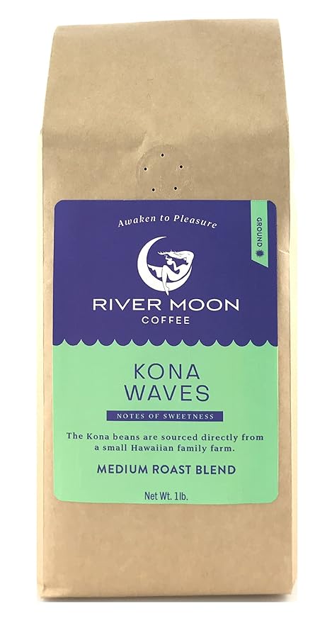 River Moon Coffee Kona Coffee Ground Medium Roast 16 Ounces Kona Waves Hawaiian Blend Sustainably Farmed 100% Arabica