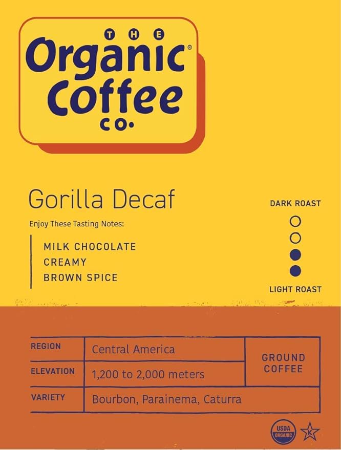 Organic Coffee Co. Gorilla Decaf Ground Coffee 12 Ounce Medium Light Roast Natural Water Processed Decaffeinated USDA Organic (Pack of 2)