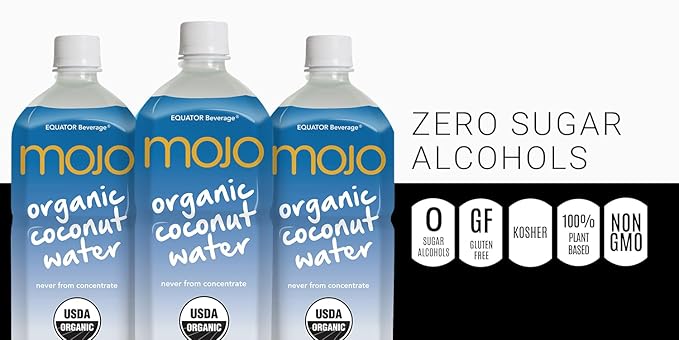 MOJO Organic Coconut Water | Hydration Drink &amp Sports Drink | Electrolytes Beverage 1043 mg | Vitamin B &amp C | Hydration Drink for Skin &amp Body | 33.8 Oz (Pack Of 6)