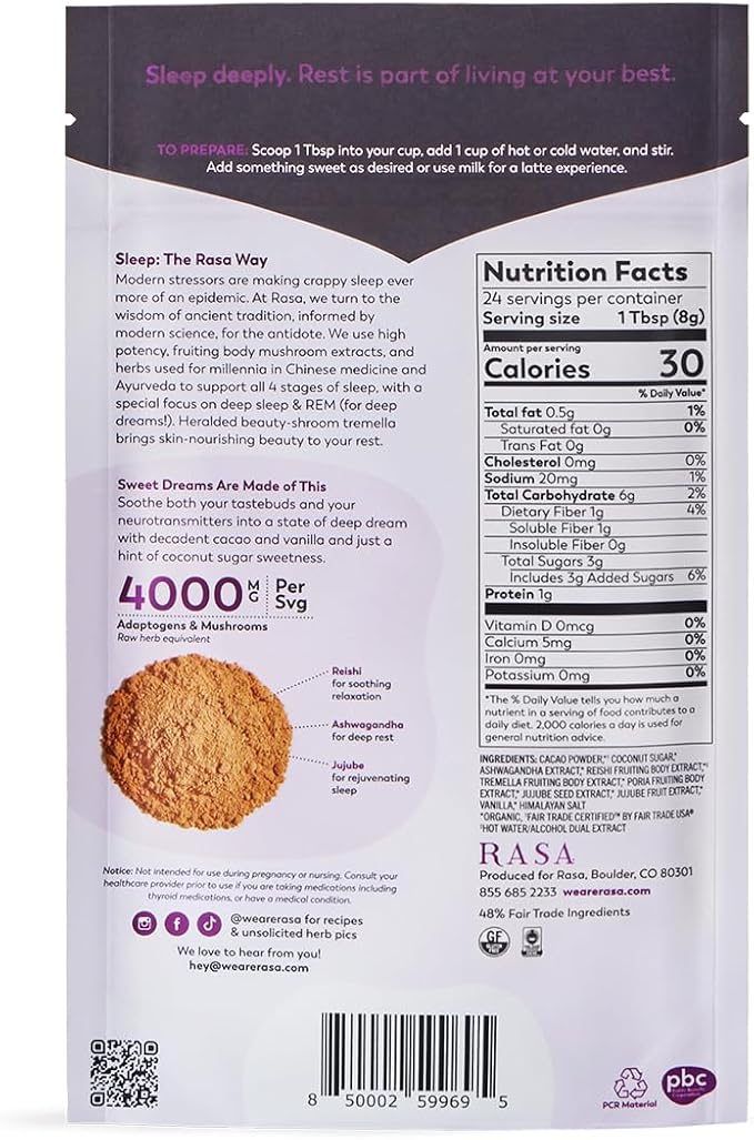 Rasa Deep Dream Cacao – Adaptogenic Mushroom Sleep Blend | Vegan Gluten Free with Reishi + Ashwagandha + Jujube (6.77 oz. / 24 Servings)