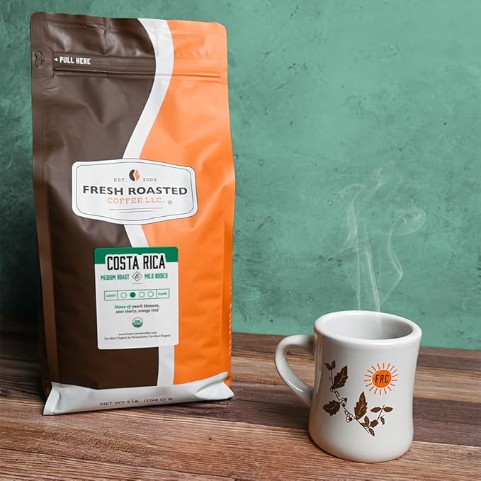 Fresh Roasted Coffee Organic Costa Rica | USDA Organic 100% Single Origin Kosher | Medium Roast 5 lb (80 oz) Whole Bean