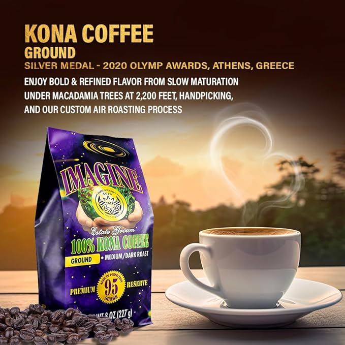 Imagine Kona Organic Coffee Beans | Arabica Kona Beans | Top Grade Air Roasted | Medium Dark Roast | Organic Whole Bean (Ground 8 ounce)