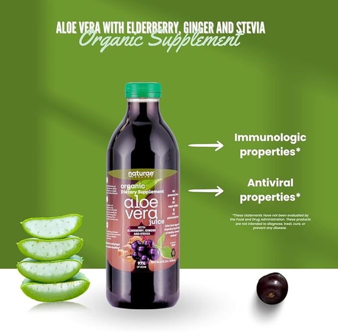 naturae Healthy Aloe Vera Juice – Natural Digestive Health &amp Immune Support – with Elderberry Ginger &amp Stevia – Promotes Stomach Balance &amp Regularity – 33.8 fl oz